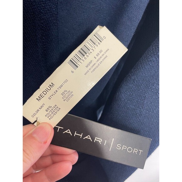 Tahari Sz M Sport Reverse Panel Hoodie Navy Blue Pullover Pocket Dratwstring NWT - Picture 12 of 16